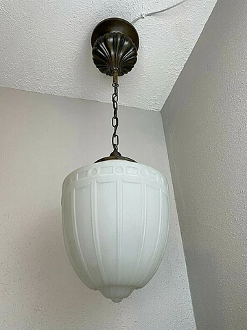1910-20s Bank, Schoolhouse Moonstone Glass Pendant Fixture Cover