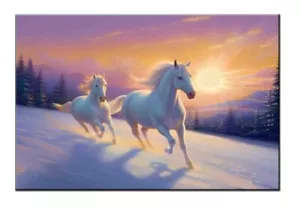 Feliz galope nevado - Hermosa impresión de dos caballos blancos corriendo en nieve iluminada por el sol - Imagen 1 de 10