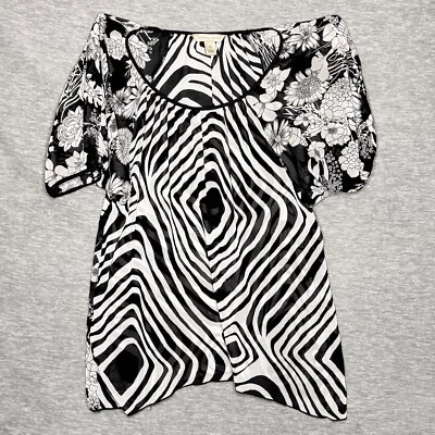 Johnathan Martin L Blouse Sheer Black White Floral Geometric 3/4 Gathered Sleeve - Image 1 of 4