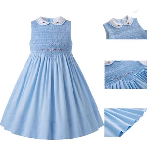 Girls Smocked Dresses Birthday Party Dress Size 2-12 Sleeveless Blue Holiday - Picture 1 of 42