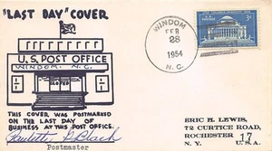 Last Day Cancellation Postmaster Signed Windom NC 2-28-1954 - Picture 1 of 1