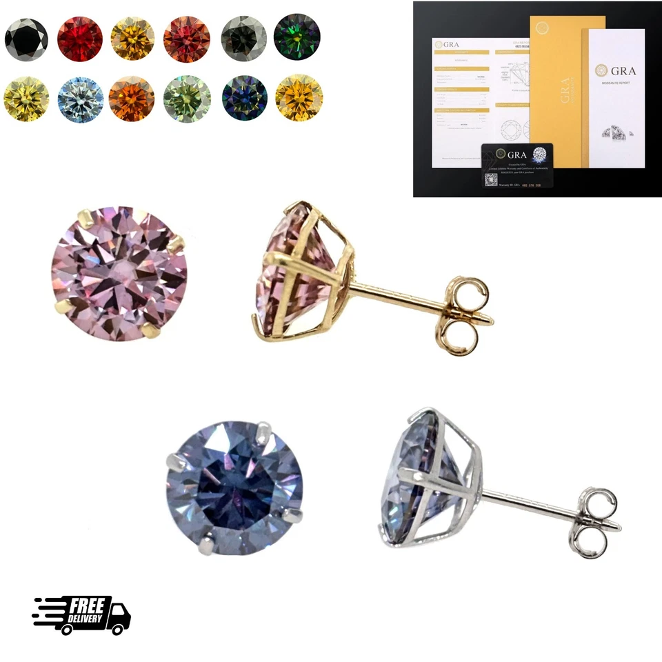 14K Gold GRA Certified D-VVS1 Round Colored Moissanite Push Back Studs Earrings - Image 1 of 1