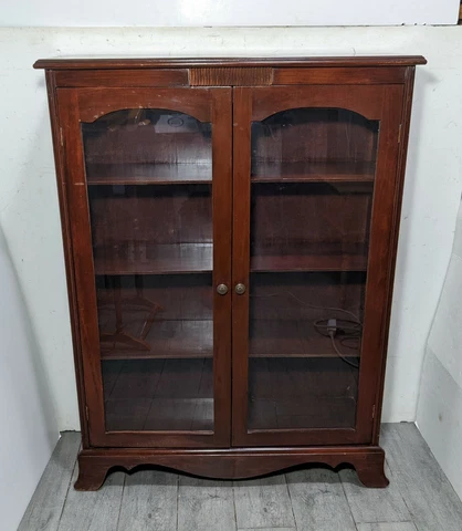 Vintage Mahogany Wood Chippendale Glass Display China Cabinet w Doors, Shelves Cover