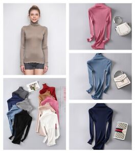 Women Tutle Neck Thermal Shirts Knit Silk Thermal Underwear Tops Blouse Pullover