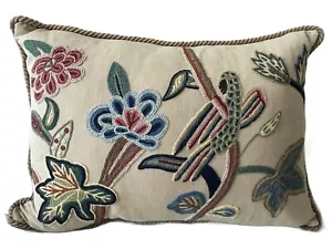 Chelsea Textiles London crewel Kashmiri embroidered pillow PARROT flowers 21x15 - Picture 1 of 14