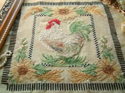 Vintage French Country Beautiful Sunflowers Rooster Preworked Needlepoint Canvas - Image 1 of 4