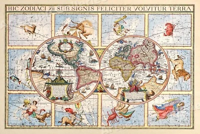 1615 Astrology Unusual Historic Old World Zodiac Map - 20x30