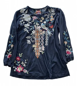 Johnny Was Ellia Black Puff Shirt Blouse Floral Long Cotton Embroidery Top S NEW - Picture 1 of 6