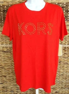 MICHAEL KORS BRIGHT RUBY RED STUDDED LOGO SHORT SLEEVE COTTON T-SHIRT M NWT $78 - Picture 1 of 7
