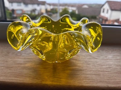 Vintage Murano Glass Ashtray Bowl Bullicante Bubbles Canary Yellow Art Glass - Image 1 of 4