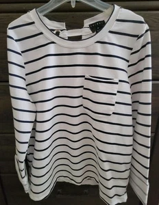 TRIBAL Eyelet Lace-Up Back White Shirt W Navy Stripes Long Sleeve, Sz M - Picture 1 of 4
