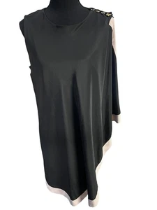 TED BAKER Black Sleeveless Asymmetrical Dress Women 4 Beige Trim Button Shoulder - Picture 1 of 13