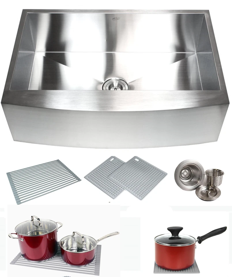 Combo de fregadero de granja de cocina delantal curvo de acero inoxidable de 33"  Foto 1 de 1