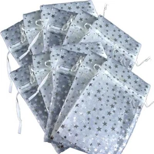 12-PAK__DECORATIVE ORGANZA GIFT JEWELRY POUCHES WHITE w/SILVER STARS - Picture 1 of 11