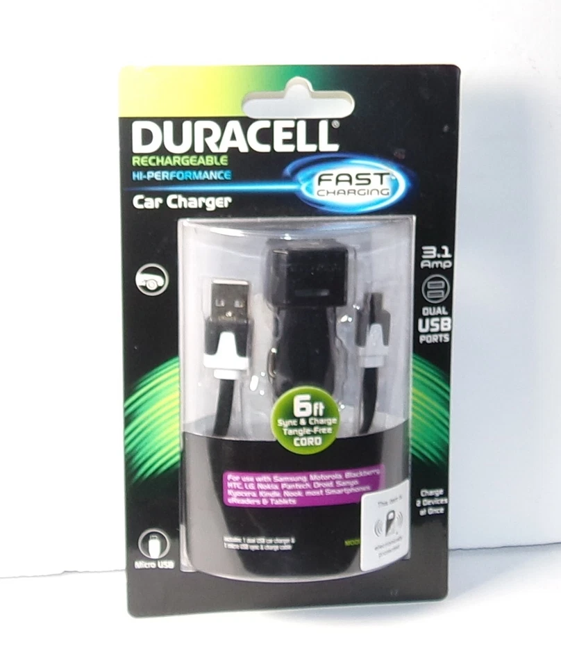 Duracell Car Charger- 6 ft Sync & Charge Cord-3.1 Amp Dual USB Ports - NEW - Image 1 of 4