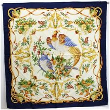 Authentic Salvatore Ferragamo Scarf Bird Pattern Floral Pattern Navy x Ivory