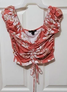 Forever 21 Peach Orange Floral Shirt Womens Jr. Sz Large Crop Top - Picture 1 of 3