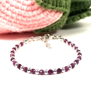 Genuine Ruby & Sterling Silver Bead Bracelet-3mm-Minimalist-Dainty- Size 6-7" - Picture 1 of 11
