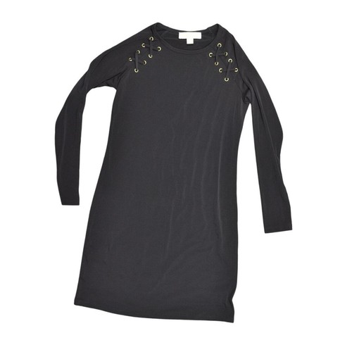 Abito Michael Kors nero midi shift XS poliestere accenti oro manica lunga