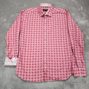 Bugatchi Uomo Shirt Medium Red Check Flip Cuff Shaped Fit Party Preppy Leisure - Picture 1 of 8