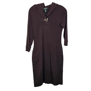LRL Ralph Lauren Women Medium Brown Hooded Dress Knee Length Pockets Toggle Y2K - Picture 1 of 6