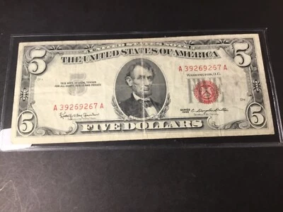 1963 $5 Dollar Red Seal US Banknote Currency No Rips or Tears 9267 Atk - Image 1 of 2