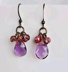 Earrings Amethyst Angels Purple Beaded Wires About 1.5" Drop Dangle - Picture 1 of 2