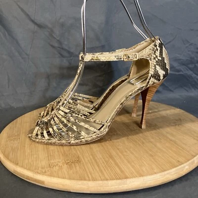 Stuart Weitzman Snakeskin Heels Womens 7M Brown Gold Leather T-Strap Cage Shoes - Image 1 of 4