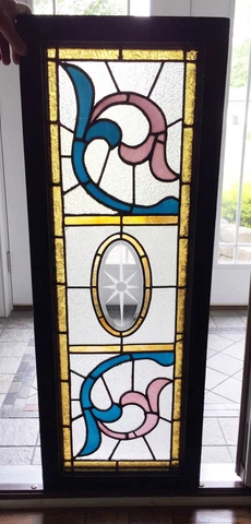 Antique STAINED GLASS TRANSOM WINDOW W/ BEVELED OVAL & ETCHED STAR Cover