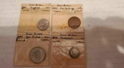 (4) 1938-44 Great Britain Schillings Silver + Six & Three Pence Coins Unc & VF   - Image 1 of 2