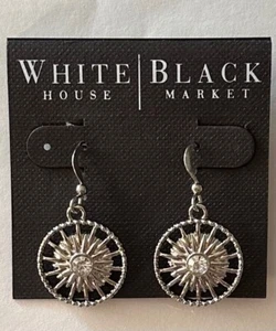 WHITE HOUSE BLACK MARKET Silver Tone with Rhinestone Earrings Round Dangle NEW - Picture 1 of 5