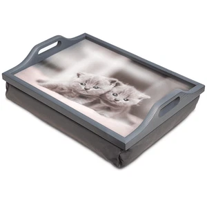 Wooden Cushioned Tray Lap Top Serving With Handles Kitten Cat Grey - Picture 1 of 6