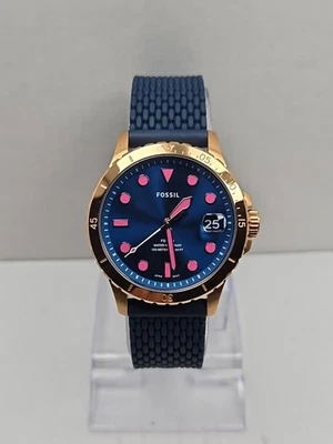 Fossil FB-01 Womens Rose Gold Blue Dial Navy Silicone Quartz Watch New Battery - image 1 of 4