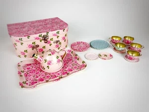 Sweet Honey Children’s Play Tea Set Metal Floral Pink Blue Carrying Case Platter - Picture 1 of 9