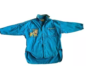 Colette Studded Rhinestone Aqua Green Denim Shirt Jacket w Lion Applique - Picture 1 of 15