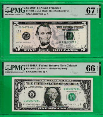 $5  &  $1  ONE AND FIVE DOLLARFederal Reserve Notes MATCHING LOW SN 00002728 PMG - Image 1 of 2