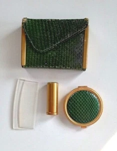 Vintage genuine green snake skin case compact comb powder compact lipstick - Picture 1 of 8