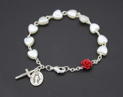 Pulsera Rosario Cuentas en Forma de Corazón Crucifijo Medalla Milagrosa Rosa Roja DE Cuentas Foto 1 de 3