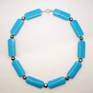 20" Turquoise Blue Magnesite Oblong w/Baroque Freshwater Cultured Pearl Necklace - Picture 1 of 2