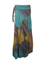 Patchwork Boho TEALS Cotton MAXI Wrap Skirt STRIPES HPPIE Wrap Around Skirts