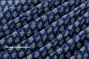 5 Yard Indian Blue Indigo Hand Block Leaf Print Cotton Fabric Dressmaking Sewing - Picture 1 of 4