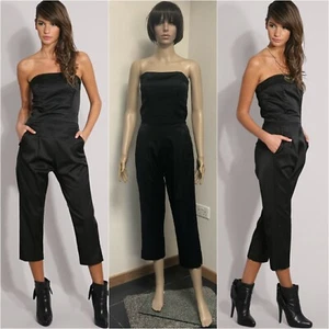 FRENCH CONNECTION Schwarz Satin Bandeau Trägerlos Cropped Overall 8 Brandneu mit Etikett UVP £120 - Bild 1 von 19