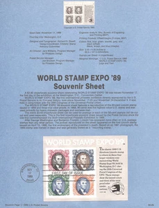 #8929 $3.60 Hoja de recuerdos de la EXPO '89 #2433 Página de recuerdos de USPS - Imagen 1 de 1