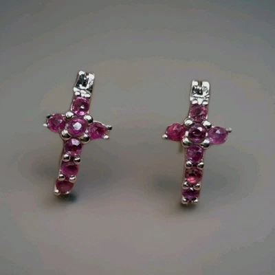 Natural Pink Ruby Cross 925 Sterling Silver Drop Earrings Jewelry 1807 - Image 1 of 4