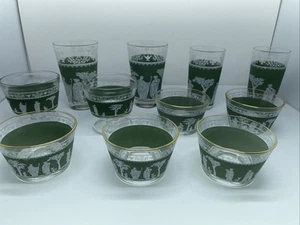 Vintage Green Tea Glasses Footed Wedgewood Grecian Jeanette Hellenic 11 Pc Set - Picture 1 of 21