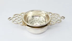 Tea Strainer Pierced Handles & Drip Bowl EPNS Marthinsen Silver Plated Norway - Picture 1 of 5