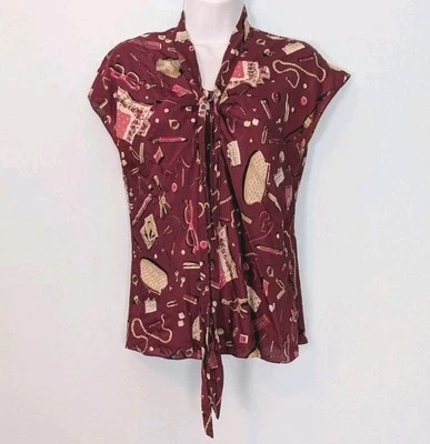 Top de seda Talbots para mujer 6 estampado retro borgoña mangas cortas semi transparente Foto 1 de 4