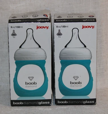 Lot of 2 Joovy Boob Diamond Glass Baby Bottle 5oz/150ml 0M+ Single Hole Nipple - Image 1 of 4
