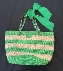KATE SPADE Point Breeze green neutral raffia straw bow totebag handbag lined - Picture 1 of 5