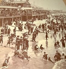 1890s Atlantic City NJ Swimming BEACH New Jersey CROWD Antique STEREOVIEW Photo